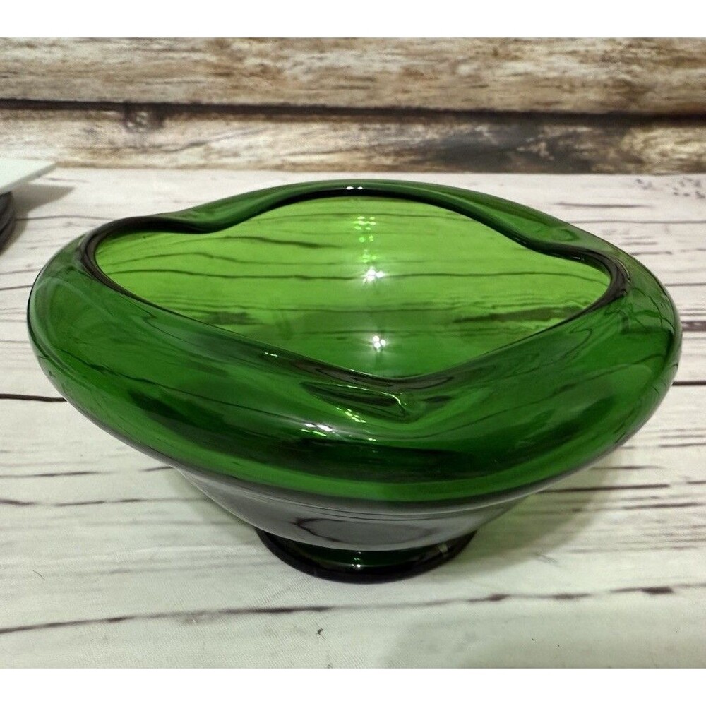 Mid Century Hunter Green Glass Bowl Waved Edge 5” X 3” Tall Vintage MCM Art - Picture 6 of 12